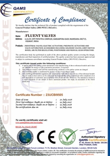 Fluent Valves CE Certificate of Compliance